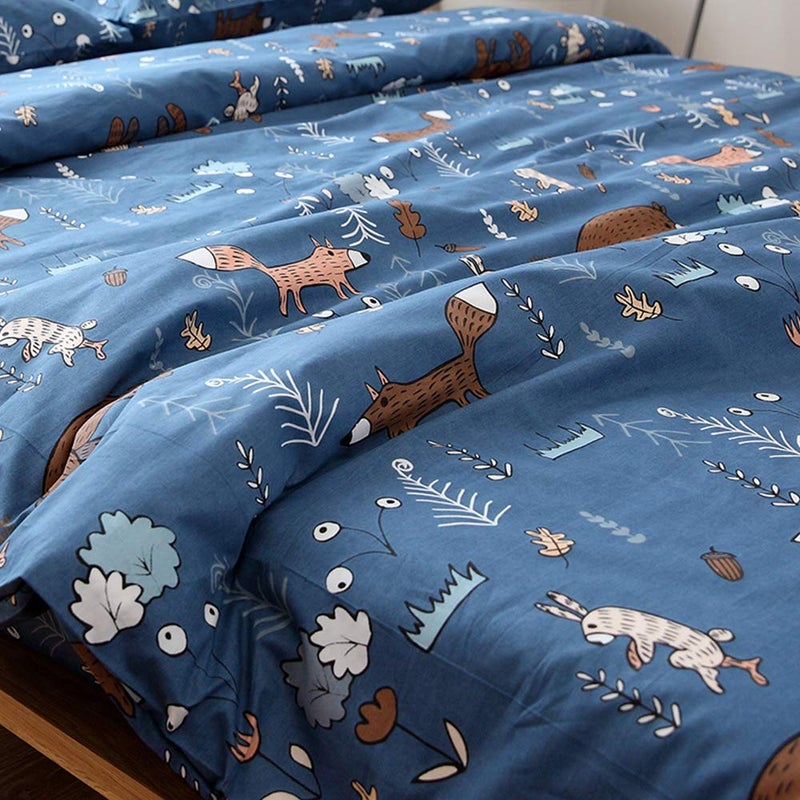 CLOTHKNOW Kids Twin Duvet Cover Sets 3Pcs Blue Animal Bedding Sets Cartoon Woodland Theme Bedding Duvet Cover Sets with 2 x Pillow Cases - Image 3